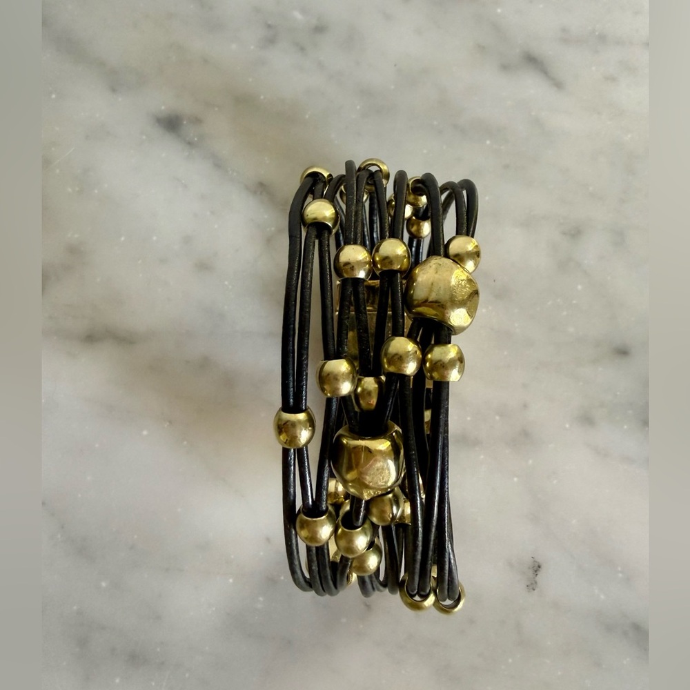 Olive & Cocoa Leather Beaded Cuff